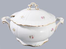 Zsolnay tollazott szélű 6 darab tányér és leveskínáló, kopott, jelzett