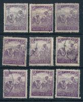 1916 Arató-Parlament 15f 9 db bélyeg az "A" és "R" betűk között folt lemezhibával