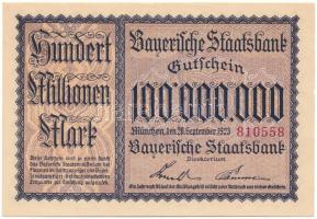 Németország / Weimari Köztársaság / Bajorország 1923. 100.000.000M "810558" T:AU, hajtatlan, jobb szélen pici anyaghiány Germany / Weimar Republic / Bajorország 1923. 100.000.000 Mark "810558" C:AU, unfolded, tiny missing material on the right side
