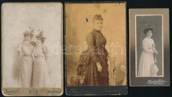 cca 1900-1910 Női portrék, 3 db keményhátú fotó nagyváradi műtermekből, sérülésekkel, 13,5×7 és 16,5×10,5 cm