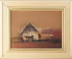 Várkonyi János (1947-): Tanyán, 1984. Olaj, farost. Jelzett. A hátoldalán autográf felirattal. Fakeretben, 30×40 cm
