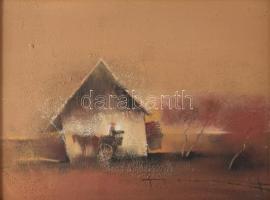 Várkonyi János (1947-): Tanyán, 1984. Olaj, farost. Jelzett. A hátoldalán autográf felirattal. Faker...