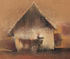 Várkonyi János (1947-): Tanyán, 1984. Olaj, farost. Jelzett. A hátoldalán autográf felirattal. Faker...