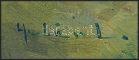 Olvashatatlan (Lukács L.?) jelzéssel: Virágba borult táj. Olaj, karton, szélén kissé sérült. 27×22 c...