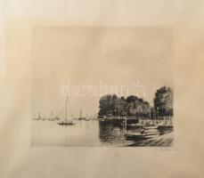 Boldizsár István (1897-1984): Balatoni kikötő vitorlásokkal. Rézkarc, papír, jelzett, 24,5x29 cm