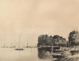 Boldizsár István (1897-1984): Balatoni kikötő vitorlásokkal. Rézkarc, papír, jelzett, 24,5x29 cm
