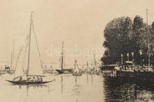 Boldizsár István (1897-1984): Balatoni kikötő vitorlásokkal. Rézkarc, papír, jelzett, 24,5x29 cm