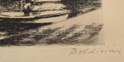 Boldizsár István (1897-1984): Balatoni kikötő vitorlásokkal. Rézkarc, papír, jelzett, 24,5x29 cm