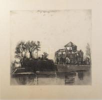 Sajtos Gyula (1932-): Tatai vár. Rézkarc, papír, jelzett. Kartonra kasírozva, lap széle kissé foltos. 29,5×39 cm