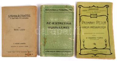 Vegyes régi könyvtétel, 3 db: Pázmány Péter prédikácziója. Bevezetéssel és jegyzetekkel ellátta: Dr. Madarász Flóris. Pozsony - Budapest, 1903, Kiadja Stampfel Károly. Kiadói papírkötés + Benedetto Croce: Az aesthetika alapelemei. Bp., 1917, Franklin-Társulat. Kiadói félvászon-kötés + Bene Lajos: Számolástanítás az elemi iskola V-VI. osztályában. Bp., é.n., Szerzői. Kiadói papírkötés.