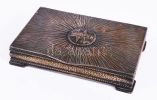 Bajári jelzéssel alpakka fedeles doboz, Budavox felirattal, 8x13 cm