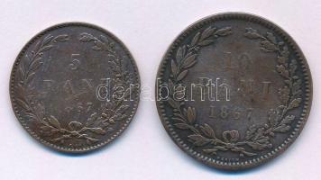 Románia 1867. 5b Cu "WATT &amp; CO." + 10b Cu "WATT &amp; CO." T:VF,F, patina Romania 1867. 5 Bani Cu "WATT &amp; CO." + 10 Bani Cu "WATT &amp; CO." C:VF,F, patina Krause KM#3.2, KM#4.2