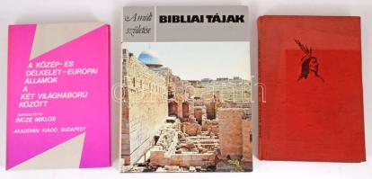 Vegyes könyvtétel, 3 db: P.R.S. Moorey: Bibliai tájak. Bp., 1984, Helikon. Gazdag képanyaggal. Kiadói egészvászon-kötés, papír védőborítóban + Incze Miklós (szerk.): A közép- és délkelet-európai államok a két világháború között. Bp., 1986, Akadémiai Kiadó. Kiadói kartonált papírkötés + Erich Wustman: A vörös hegyek indiánjai. Bp., 1960, Táncsics Könyvkiadó. Gazdag színes képanyaggal. Kiadói egészvászon-kötés
