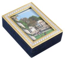 Kék bársony bevonatú ékszerdoboz, cserélhető képpel a tetején, 11x15 cm