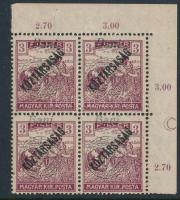 Nagyvárad 1919 Arató/Köztársaság 3f ívsarki négyestömb halvány felülnyomattal, az ívszélen holdas jelzéssel, Bodor vizsgálójellel