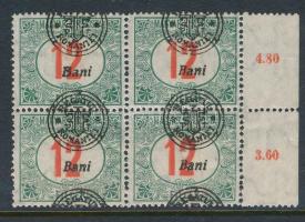 Nagyvárad 1919 Portó 12f ívszéli négyestömb elcsúszott felülnyomattal, Bodor vizsgálójellel