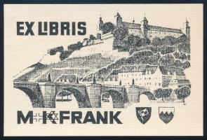 Kuhn, Jo Erich (1925-2014): Ex libris M. K. Frank (judaika könyvjegy). Klisé, papír, jelzett a klisén. Hátoldalán a művész bélyegzőjével. 5,5x8cm