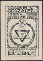 Alfredo Guido (1892-1967): Ex libris Joaquin V. Gonzalez (könyvjegy, judaika, szvasztika ábrázolással). Klisé, papír, jelzés nélkül. 7,5x5 cm