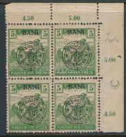 Kolozsvár 1919 Arató 5f négyestömb holdas ívszéli jelzéssel, Bodor vizsgálójellel