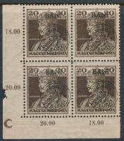 Kolozsvár 1919 Károly 20f négyestömb holdas ívszéli jelzéssel, Bodor vizsgálójellel