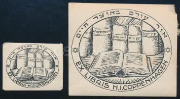 Jelzés nélkül: Ex libris H.I. Coppenhagen, 2 db judaika könyvjegy, klisé, papír, 5,5x6,5 és 3x3,5 cm.