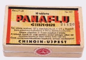 "Panaflu" gyógyszerdoboz a Chinoin újpesti gyárából, 3,5×6×1,5 cm