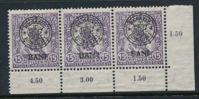 Kolozsvár 1919 Hadisegély 15f hármascsík, a középső bélyegen távoli "I" betű lemezhiba, Bodor vizsgálójellel