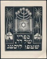 Radványi Román Károly (1900-1957): Ex libris Lustig István (héber feliratú judaika könyvjegy). Fametszet, papír, jelzett a metszeten. 9x7,5 cm.