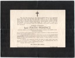 1929 Bp., Eörményesi és karánsebesi Báró Fiáth Ferenc cs. és kir. kamarás halotti értesítője, hajtott