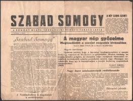 1956 Szabad Somogy, a Somogy Megyei Forradalmi Nemzeti Tanács lapja I. évf. 1. szám, 1956. október 31., benne a forradalom híreivel, kisebb szakadásokkal, 2 p.
