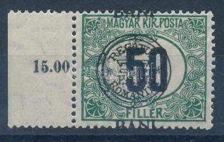 Kolozsvár 1919 Portó 50f elcsúszott felülnyomattal és gépszínátnyomattal, Bodor vizsgálójellel