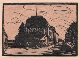 Mühlfeith János (működött a XX. sz. első felében): Bástya-utca és "Kass" kávéház (Szeged), 1919. Fametszet, hártyapapír, jelzett a metszeten. Paszpartuban. 7x10 cm