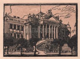 Mühlfeith János (működött a XX. sz. első felében): Közművelődési palota (Szeged), 1919. Fametszet, hártyapapír, jelzett a metszeten. Paszpartuban. 7x10 cm