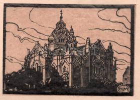 Mühlfeith János (működött a XX. sz. első felében): Zsinagóga (Szeged), 1919. Fametszet, hártyapapír, jelzett a metszeten. Paszpartuban, paszpartu szélén hajtásnyommal. 7x10 cm