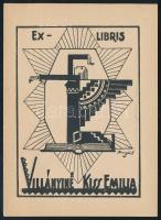 Dinnyés Ferenc (1886-1958): Ex libris Villányiné Kiss Emilia (art deco könyvjegy). Klisé, papír, jelzett a klisén, 9x6,5 cm