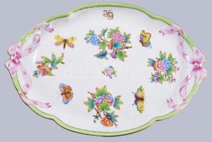 Herendi Viktória mintás gazdagon díszített ovális kínáló, masnis lezárással, jelzett, hibátlan, 42x29 cm