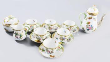 Herendi Viktória mintás 6 személyes mokkás / kávés készlet. Jelzett, teljes, a kancsó rózsa fogóján kis pattogzással. /// Herend Victoria pattern mocha / coffee set for 6 persons. Marked, complete, with minor chipping on the rose handle of the pot