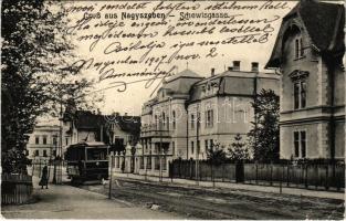 1907 Nagyszeben, Hermannstadt, Sibiu; Schewisgasse / utca, villamos / street, tram (ázott / wet damage)