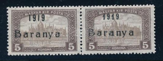 Baranya I. 1919 Parlament 5K pár, az egyik bélyeg antikva számokkal, Bodor vizsgálójellel