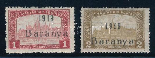 Baranya I. 1919 Parlament 1K hiányos "r" betűvel + 2K antikva számokkal, Bodor vizsgálójellel