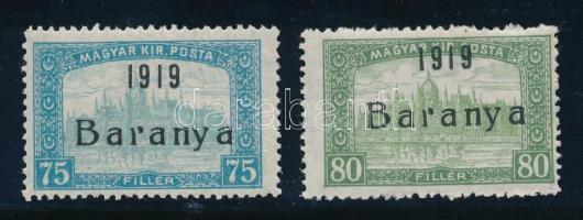 Baranya I. 1919 Parlament 75f + 80f hiányos "r" betűvel, Bodor vizsgálójellel