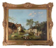 Zubor Rezső (?-?), működött a XX. sz. első felében: Élet az udvaron. Olaj, vászon. Jelzett. Dekoratív fakeretben. 55x69 cm