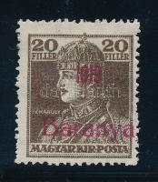 Baranya I. 1919 Károly 20f próbanyomat vörös felülnyomattal, Bodor vizsgálójellel (gumihiba / gum disturbance)