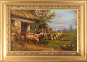 Kovács József (1948-): Báránykák. Olaj, farost, jelzett, dekoratív fakeretben, 40x60 cm