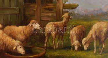 Kovács József (1948-): Báránykák. Olaj, farost, jelzett, dekoratív fakeretben, 40x60 cm