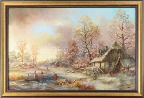 Kovács József (1948-): Téli táj. Olaj, farost, jelzett, fakeretben, 40x60 cm