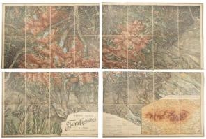 [A Magas Tátra nagy méretű litografált térképe] 1897 Detailkarte der Tátra-Gebietes in 2 Blättern. Reproduction der Neuaufnahme v. Jahre 1896/97. 1:25000, Hrsg. vom k. und k. militär-geographischen Institut, Wien. A Magas-Tátra térképe, négy vászonra ragasztott szelvényen, jelmagyarázattal. A teljesen soha el nem készült IV. katonai felmérés egyetlen, a történelmi Magyarországról készült szelvénye. Kopott, bőrborítású papír védőtokban. /  1897 Detailkarte der Tátra-Gebietes in 2 Blättern. Reproduction der Neuaufnahme v. Jahre 1896/97. 1:25000, Hrsg. vom k. und k. militär-geographischen Institut, Wien. The map of the High Tatras, four map sheets on canvas, with legend. The only part of the never totally finished 4th Military Mapping Survey of Austria-Hungary which was made about the territory of the Kingdom of Hungary. In a worn out leather-covered paper case.