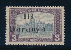 Baranya I. 1919 Parlament 3K hiányos "r" betűvel, Bodor vizsgálójellel