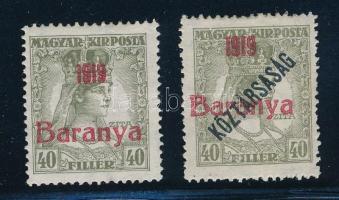 Baranya I. 1919 Zita 40f + Zita/Köztársaság 40f Bodor vizsgálójellel (az elsőn ujjlenyomat / fingerprint)