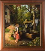 Madarász Gábor (1964-): Kislány a kútnál. Olaj, farost. Jelzett. Dekoratív fakeretben. 48x40 cm